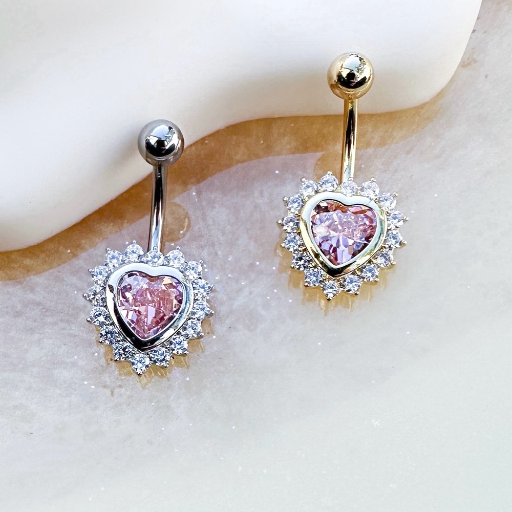 Light Pink Heart Belly Ring. Gold or Silver.